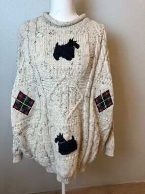 Acorn Vintage Chunky Knit Wool Cable Knit Fisherman Sweater Scotty Dog Roll Neck